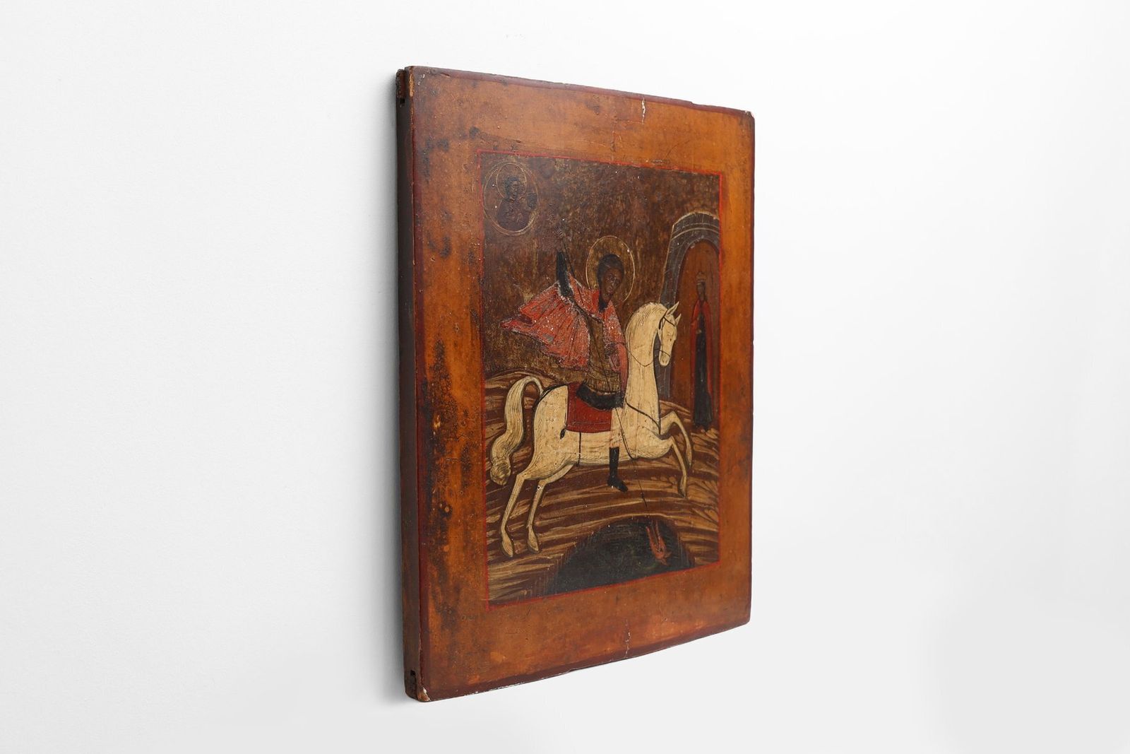Religious Icon Of Saint George And The Dragon, 1800s, Painting On Wood photo vinterior
