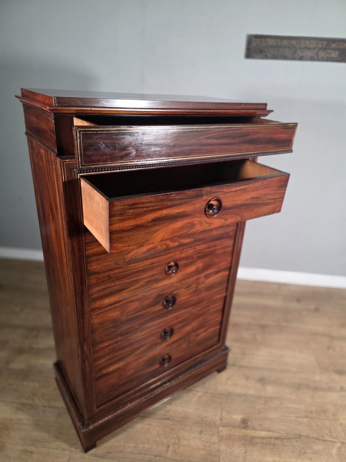 photo vinterior Antique French Rosewood Brass Inlaid 6 Drawer Chest 1880s