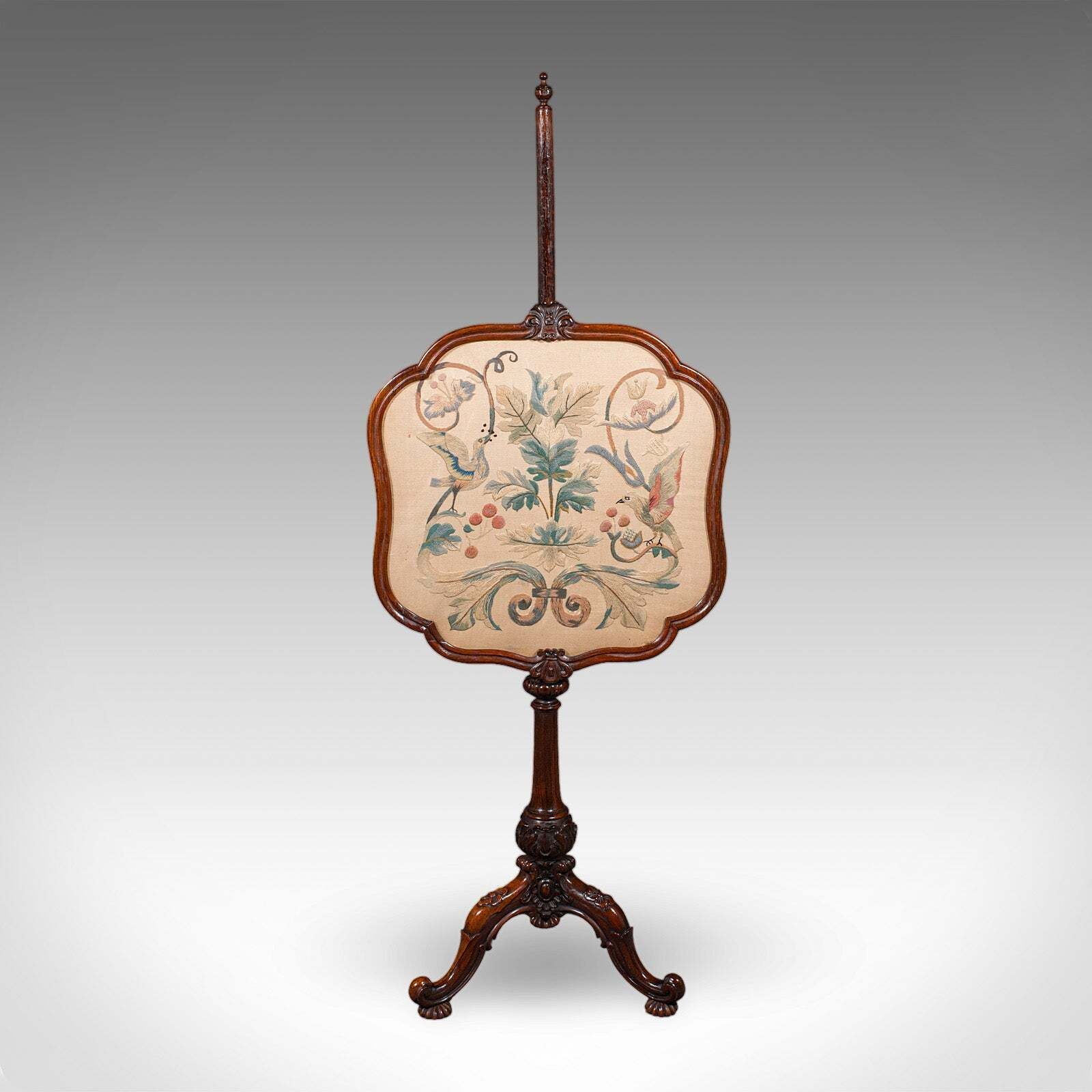 Antique Pole Screen, English, Embroidered Fire Panel, Reflector, Early Victorian photo for sale