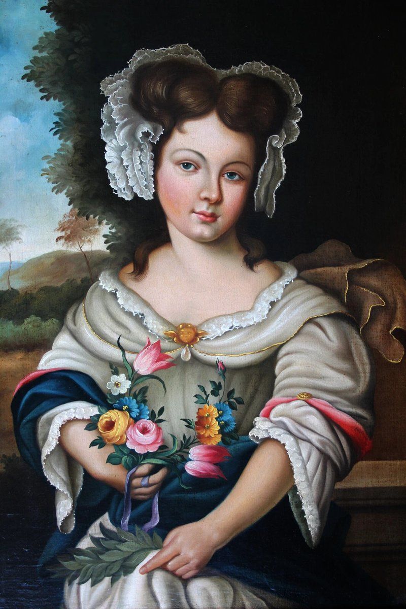 15912.0 Young Girl With Florals, Early 1800s, Oil On Canvas photo