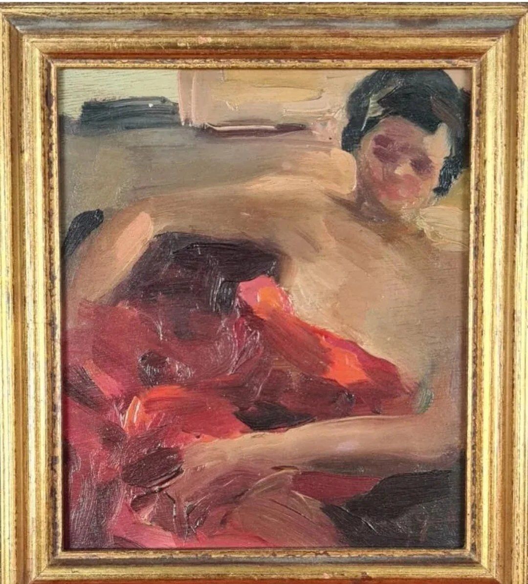 Impressionist Portrait Of A Woman In Red Dress, Oil Painting, Framed photo furniture