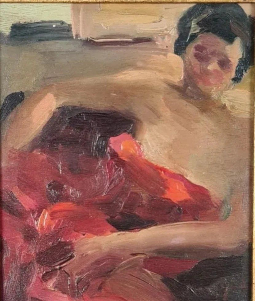 Impressionist Portrait Of A Woman In Red Dress, Oil Painting, Framed photo vinterior