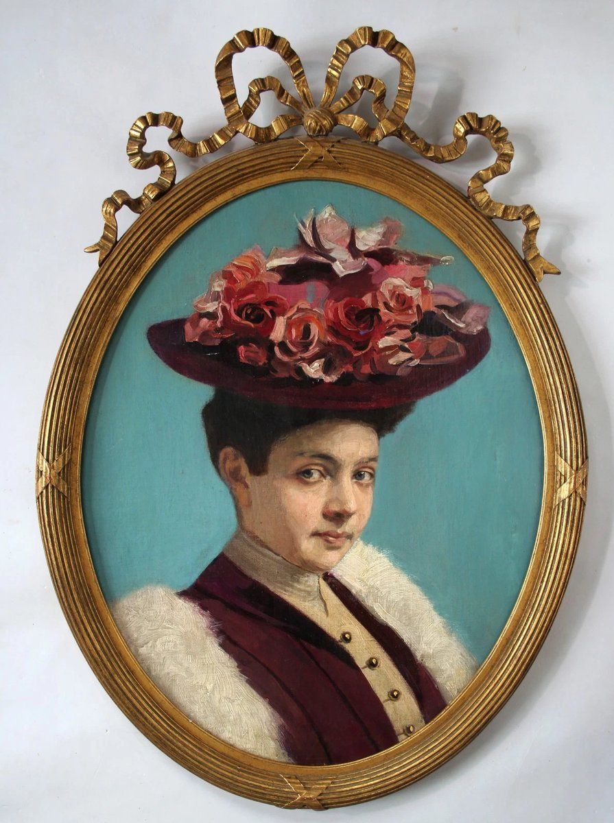 Portrait Of Lady With Hat, 1800s, Oil Painting, Framed