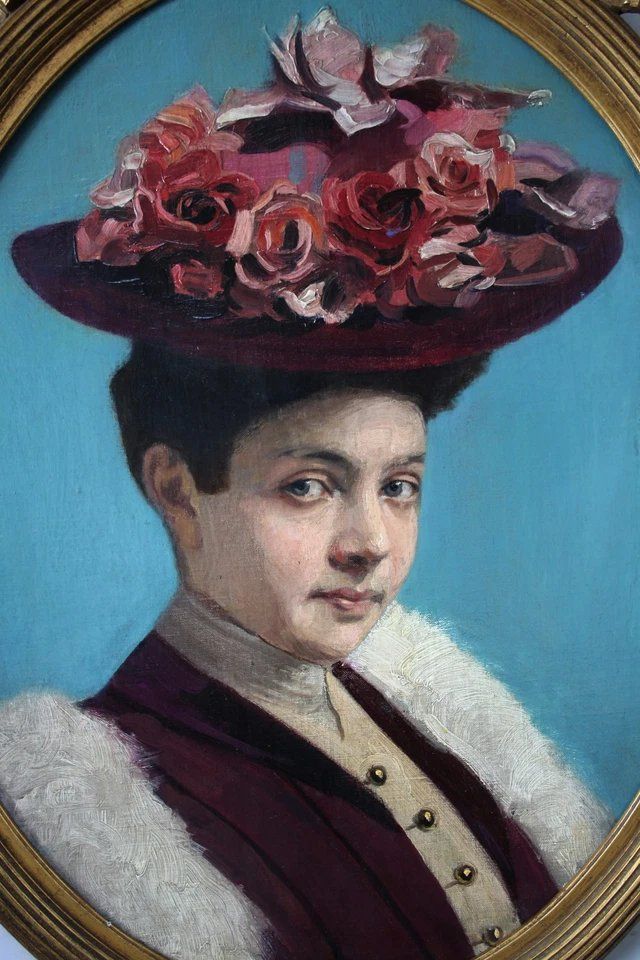 Portrait Of Lady With Hat, 1800s, Oil Painting, Framed photo vinterior