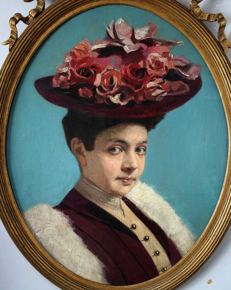 Portrait Of Lady With Hat, 1800s, Oil Painting, Framed photo vintage