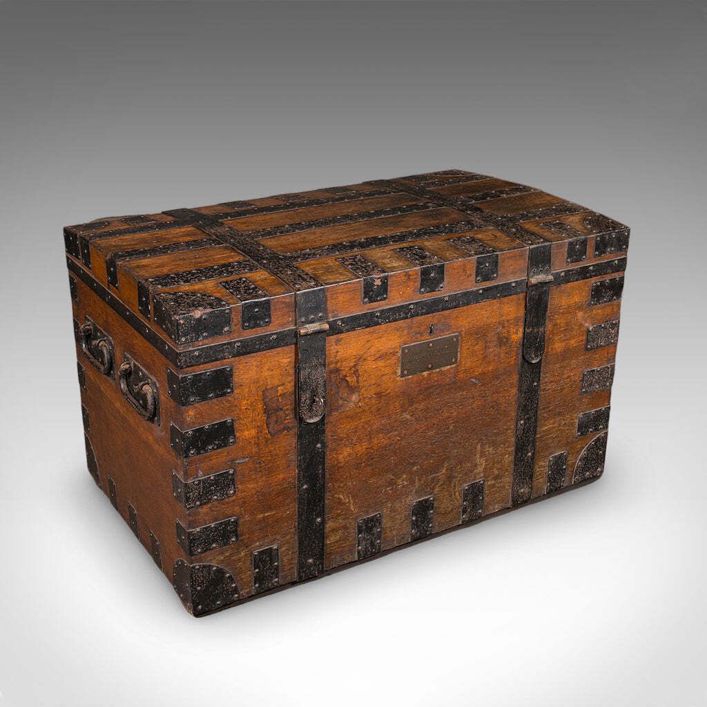 Large Antique Silver Chest, English, Oak, Iron Bound, Shipping Trunk, Victorian