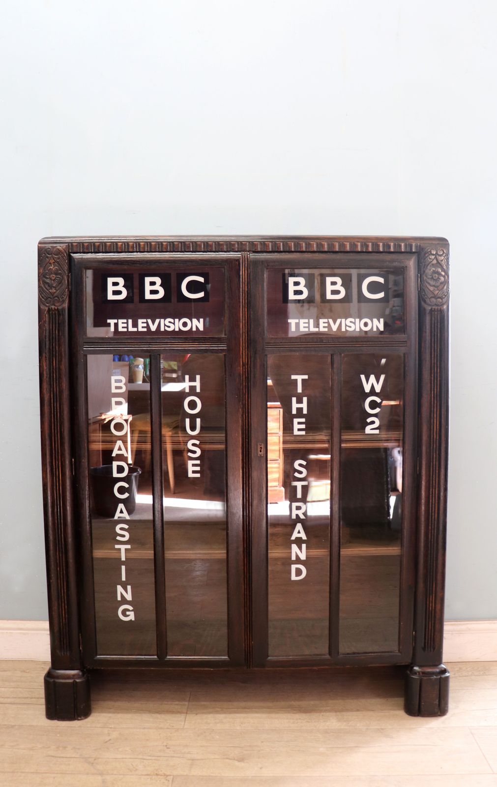A Wonderful Traditional Oak Veneered Cabinet, Hand Sign Written With Detail For The British Broadcasting Company. photo furniture