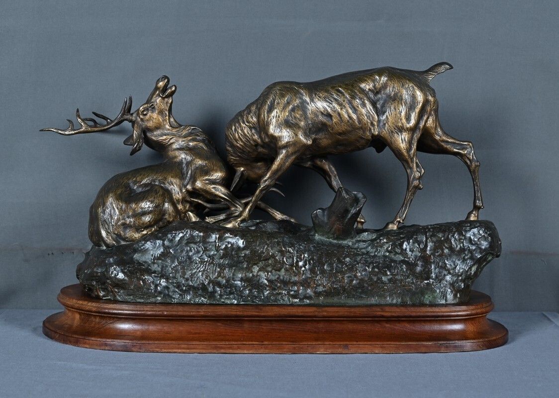 Art Important Bronze Sculpture "The Stag Fight" By T. Cartier – Early 20th Century photo