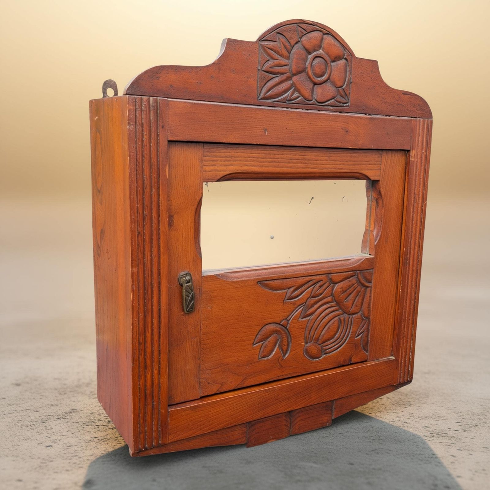 Large Art Nouveau Carved Oak Wall Cabinet With Mirror – Floral Motif –1920s
