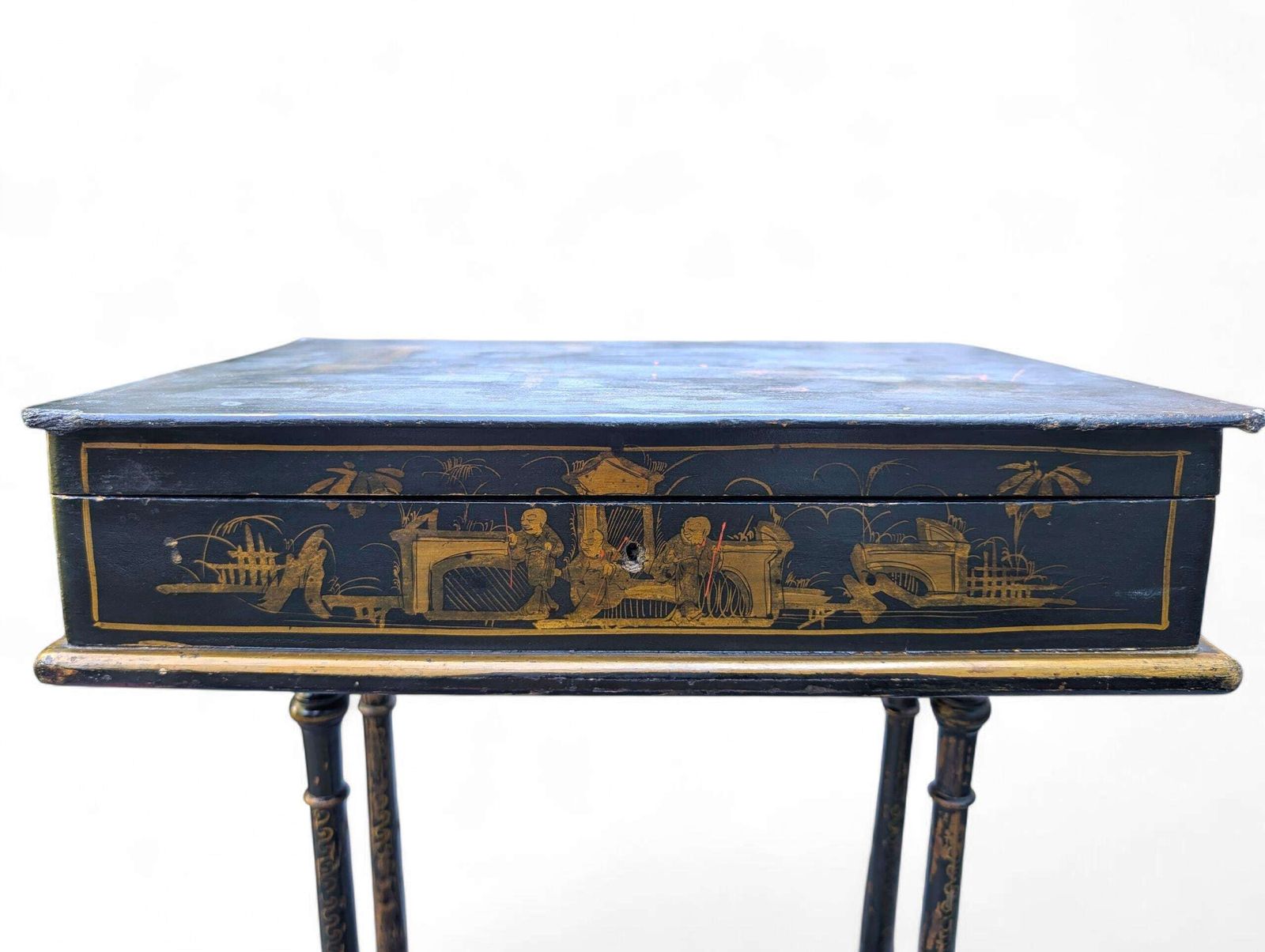 Antique French Chinoiserie Sewing Table / Work Table, Ca. 1869, Lacquer With Newspaper Detail photo Furniture