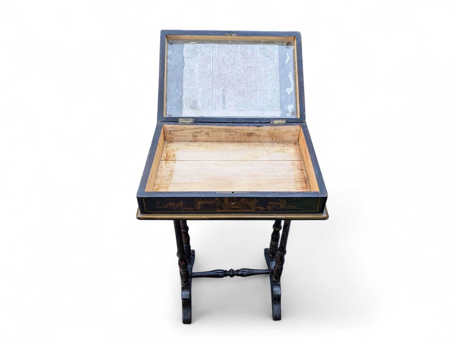 Antique French Chinoiserie Sewing Table / Work Table, Ca. 1869, Lacquer With Newspaper Detail photo 435.0