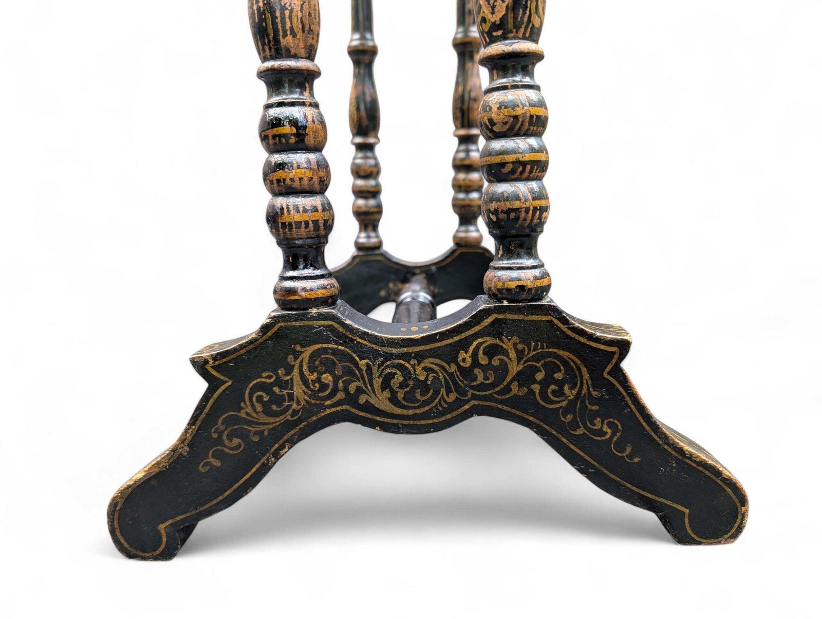 photo furniture Antique French Chinoiserie Sewing Table / Work Table, Ca. 1869, Lacquer With Newspaper Detail