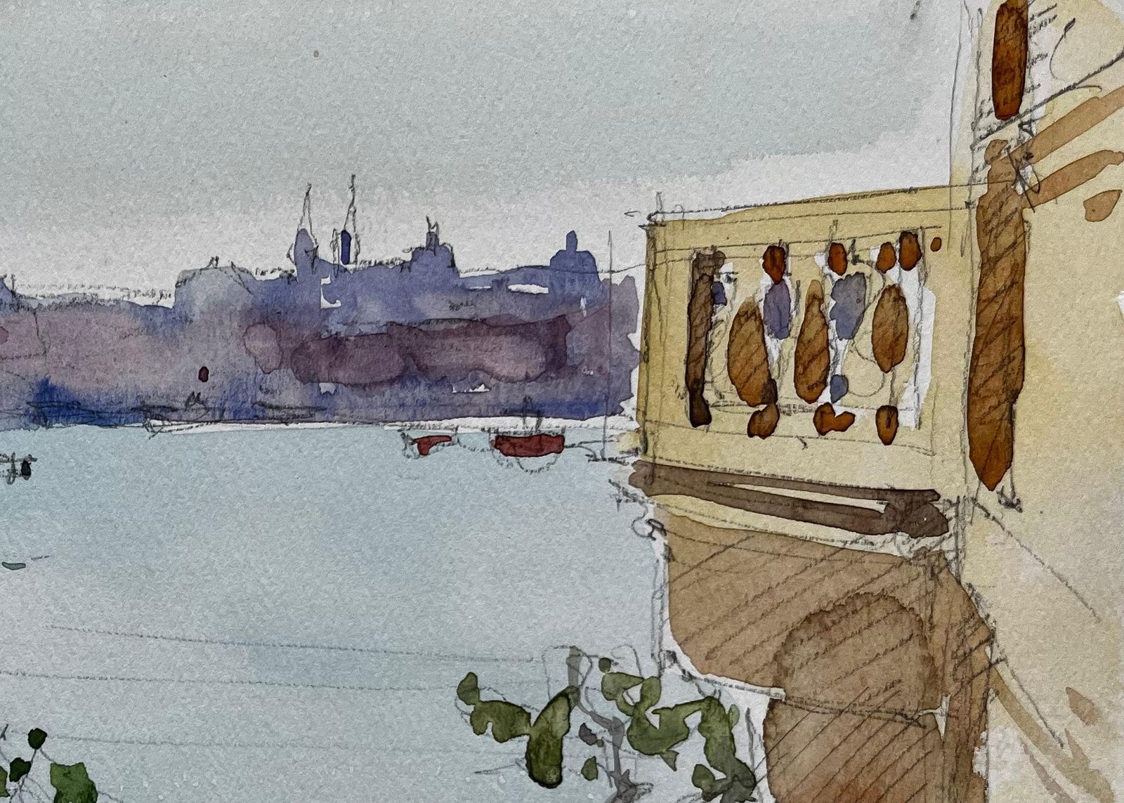 Pierre Neveuharbour View With Trees Balcony And Distant Cityscape French Watercolor photo for sale