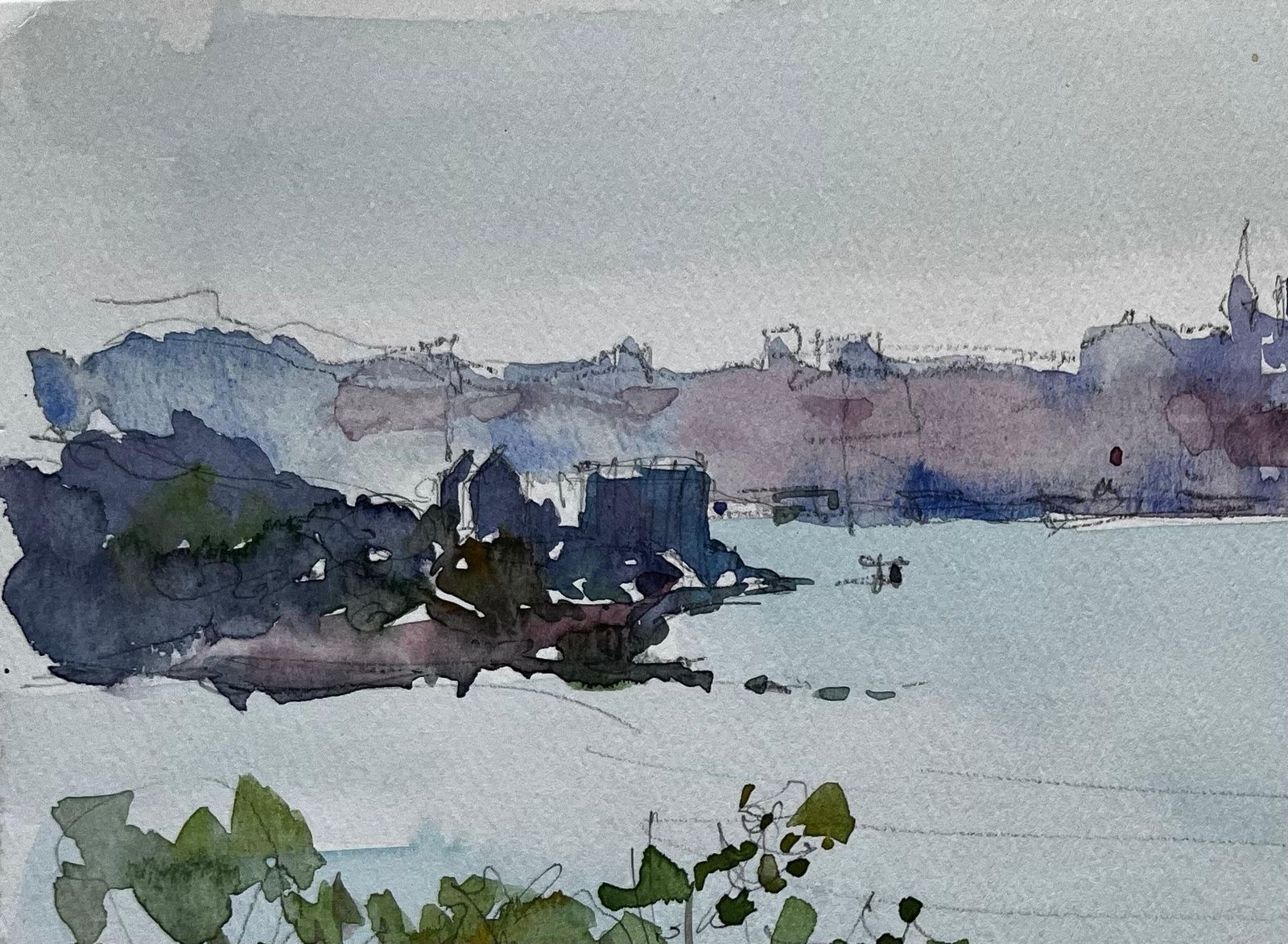 Pierre Neveuharbour View With Trees Balcony And Distant Cityscape French Watercolor photo vinterior