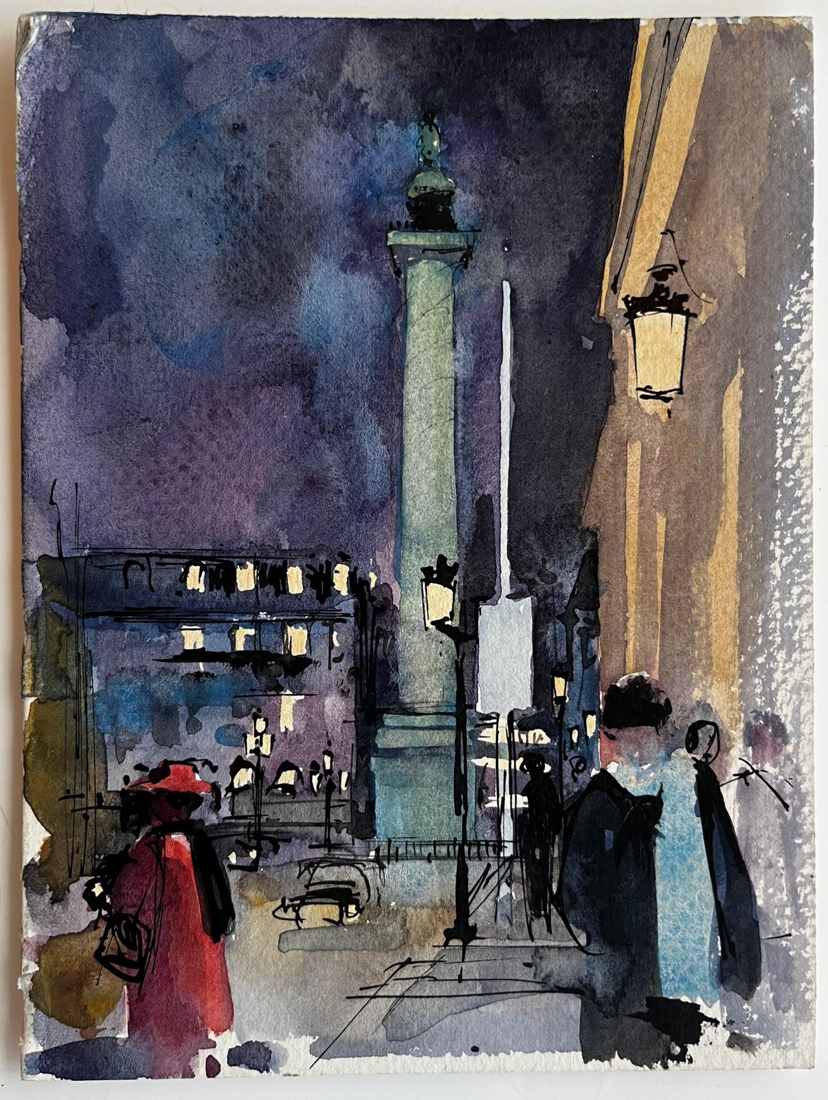 Pierre Neveuparisian City Square At Night With Column And Figures French Watercolor photo furniture