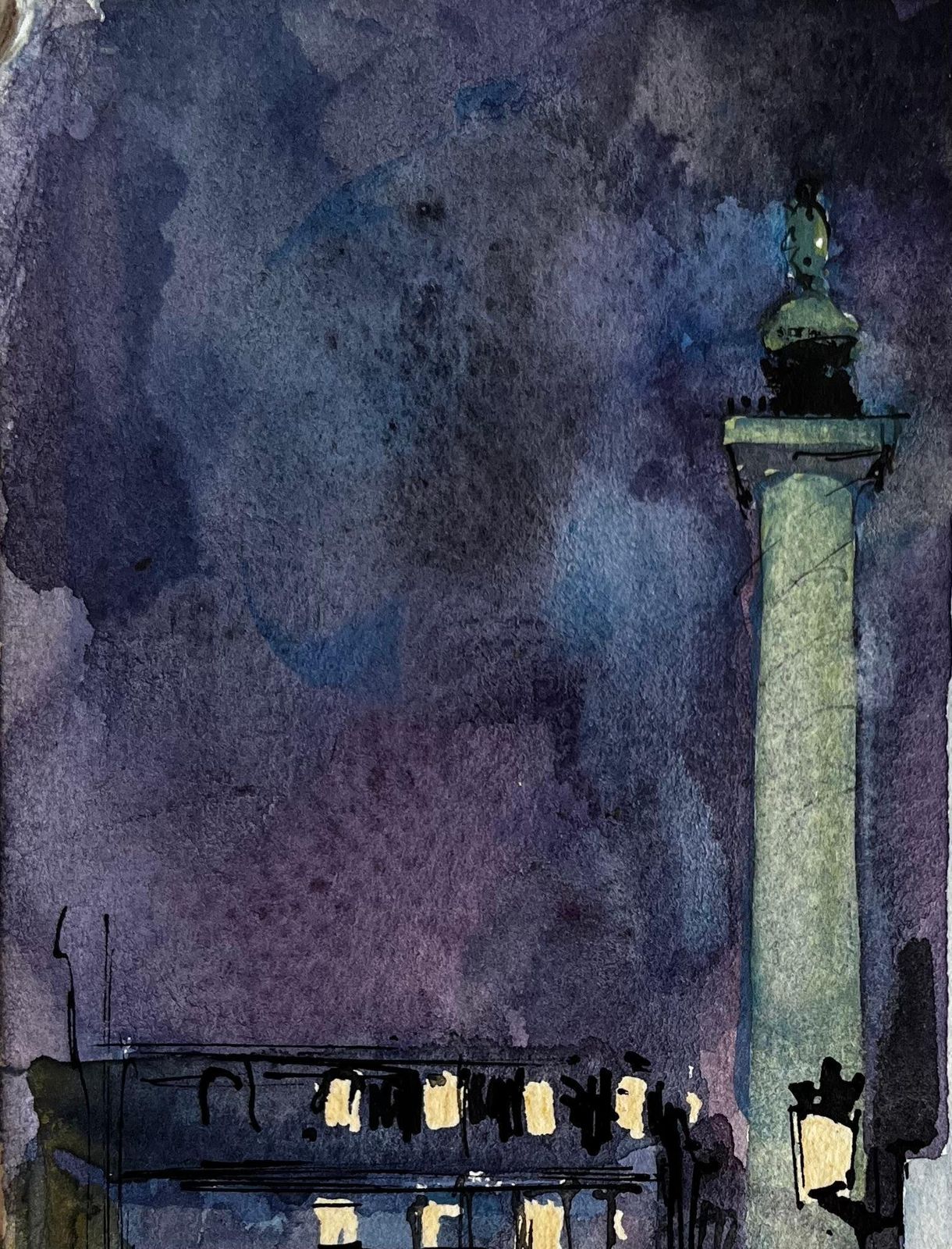 Pierre Neveuparisian City Square At Night With Column And Figures French Watercolor photo 540.0