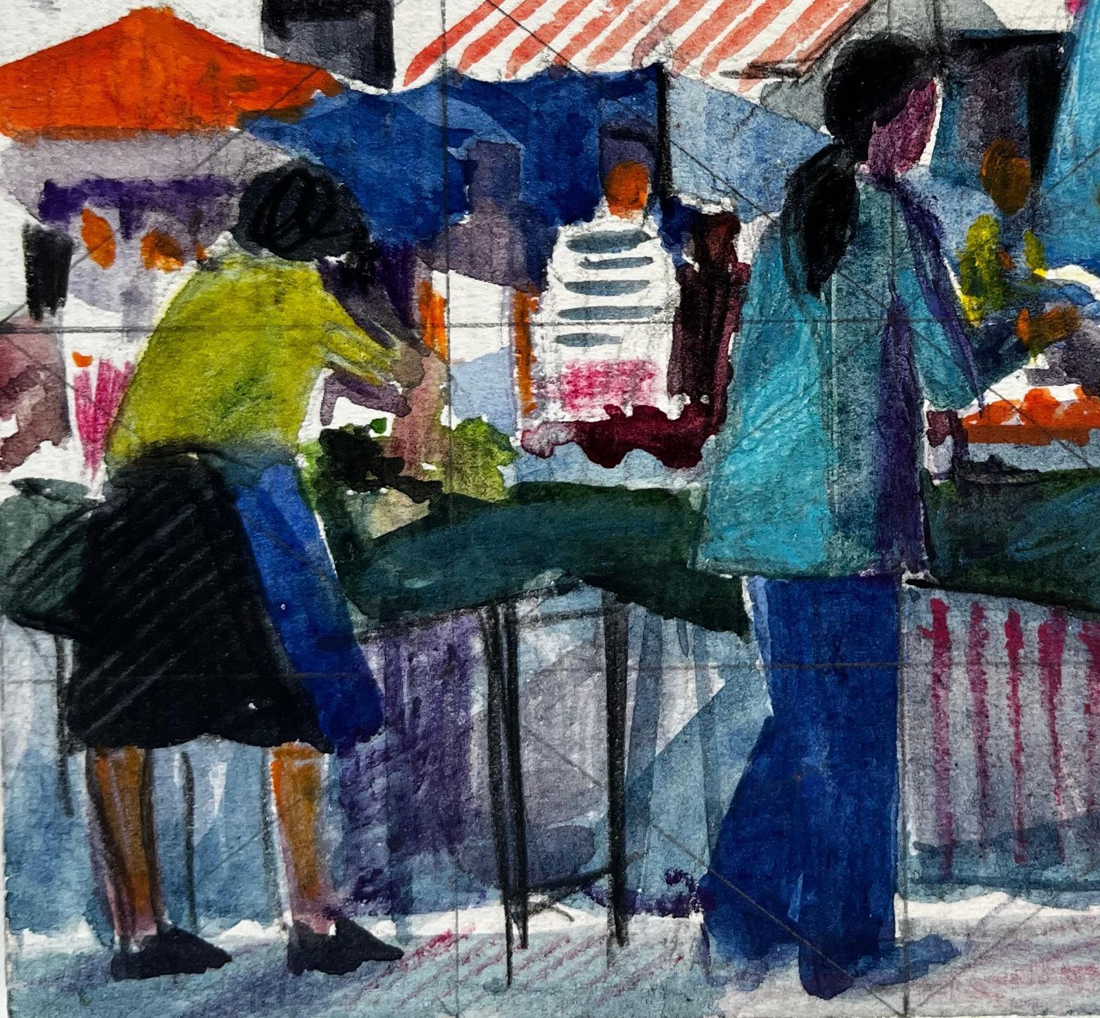 Pierre Neveufrench Market Scene With Figures Stalls And Awnings Modernist Watercolor photo for sale