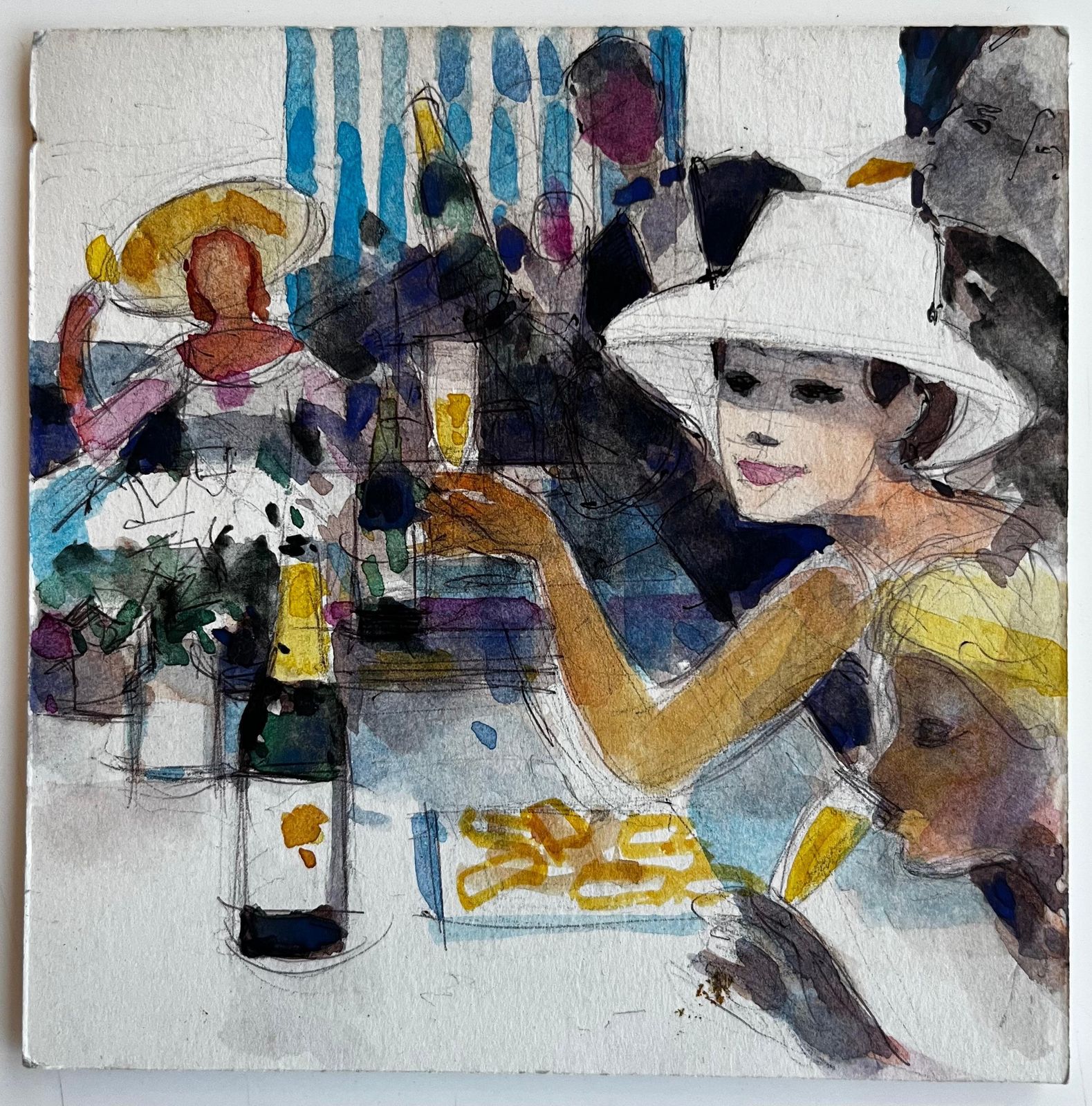 Pierre Neveumodern Cafe Scene With Figures Wine Bottles And White Hat French Watercolor photo for sale