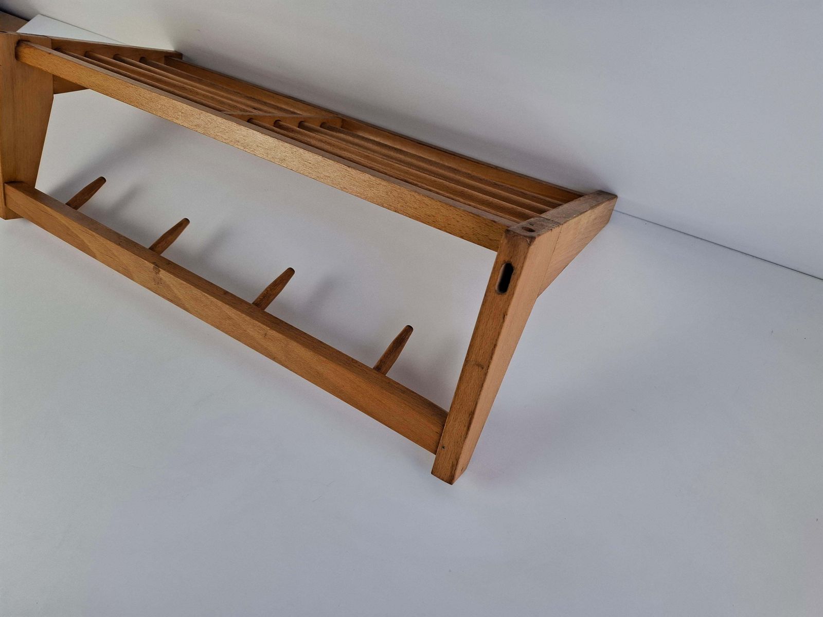 Midcentury Czechoslovak Wooden Wall Coat Rack With Shelf, Uluv Krasna Jizba, 70s photo Furniture