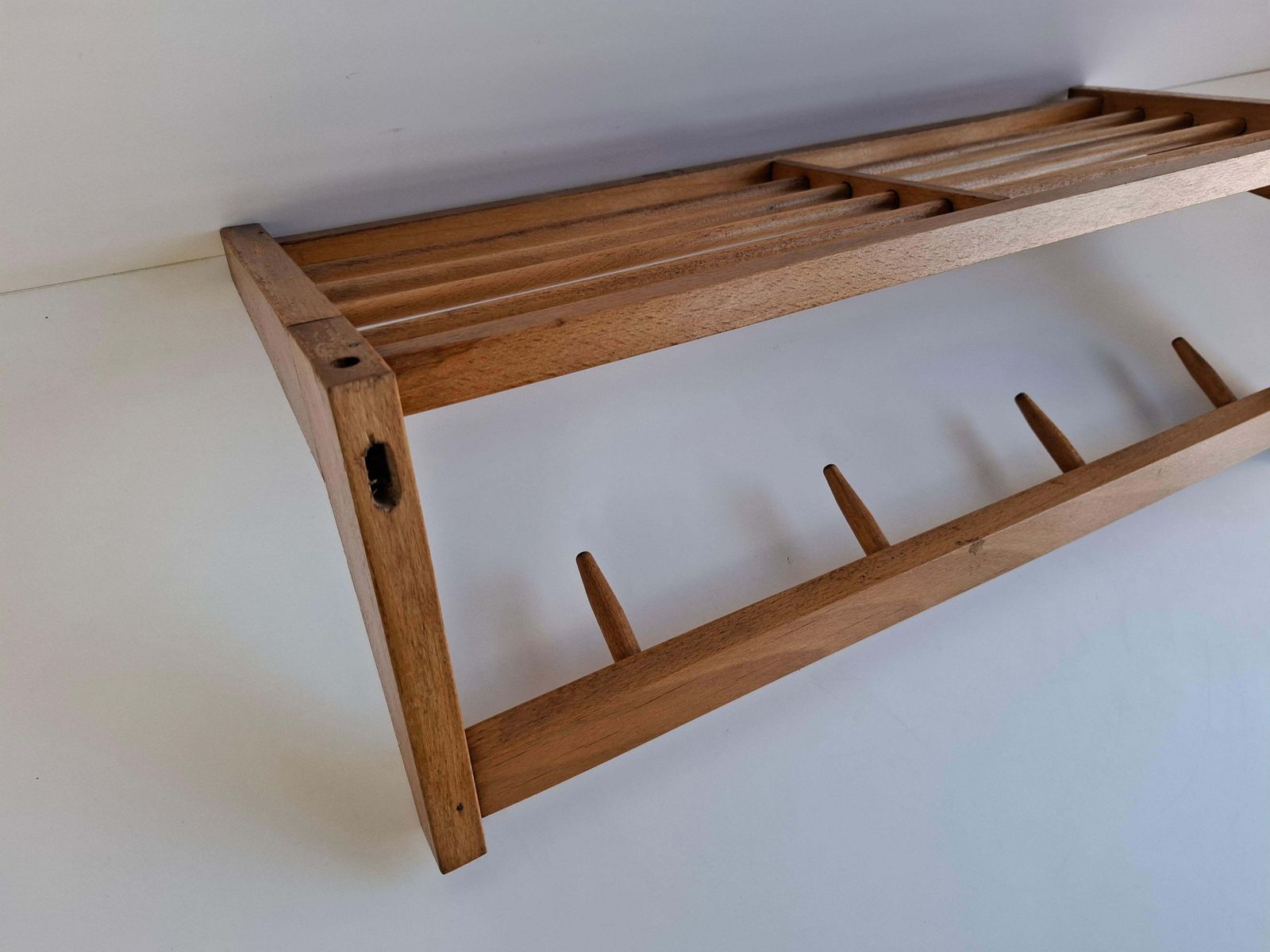 Midcentury Czechoslovak Wooden Wall Coat Rack With Shelf, Uluv Krasna Jizba, 70s photo 371.0