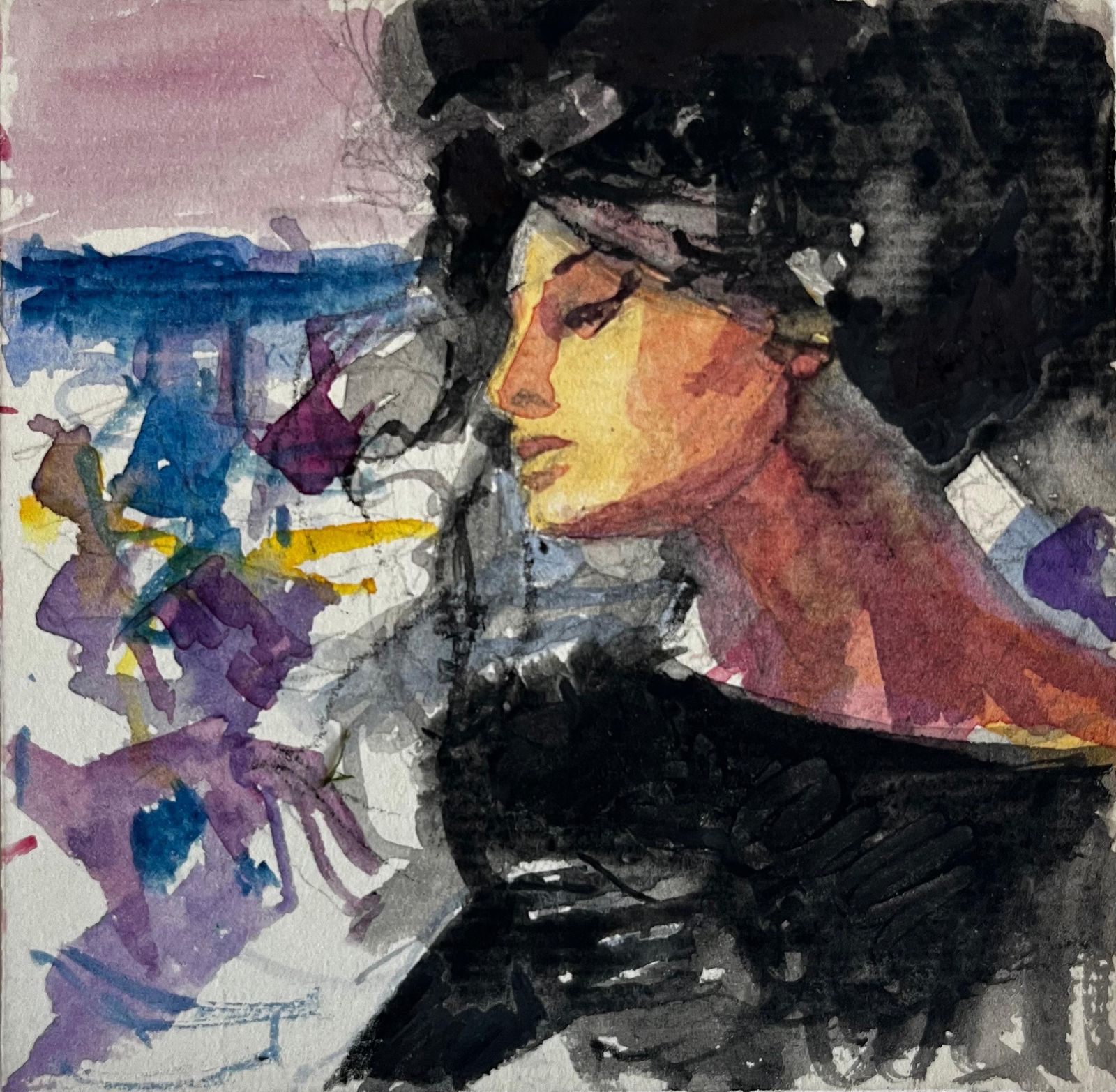 Pierre Neveuexpressive Female Portrait With Hat French Modernist Watercolor Gouache