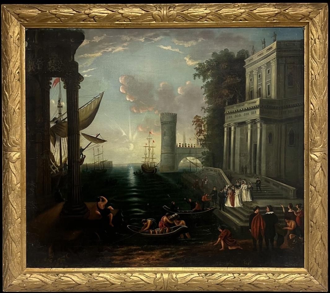 Fine Antique Classical Roman Landscape Figures Boats Merchant Port Ancient City1953