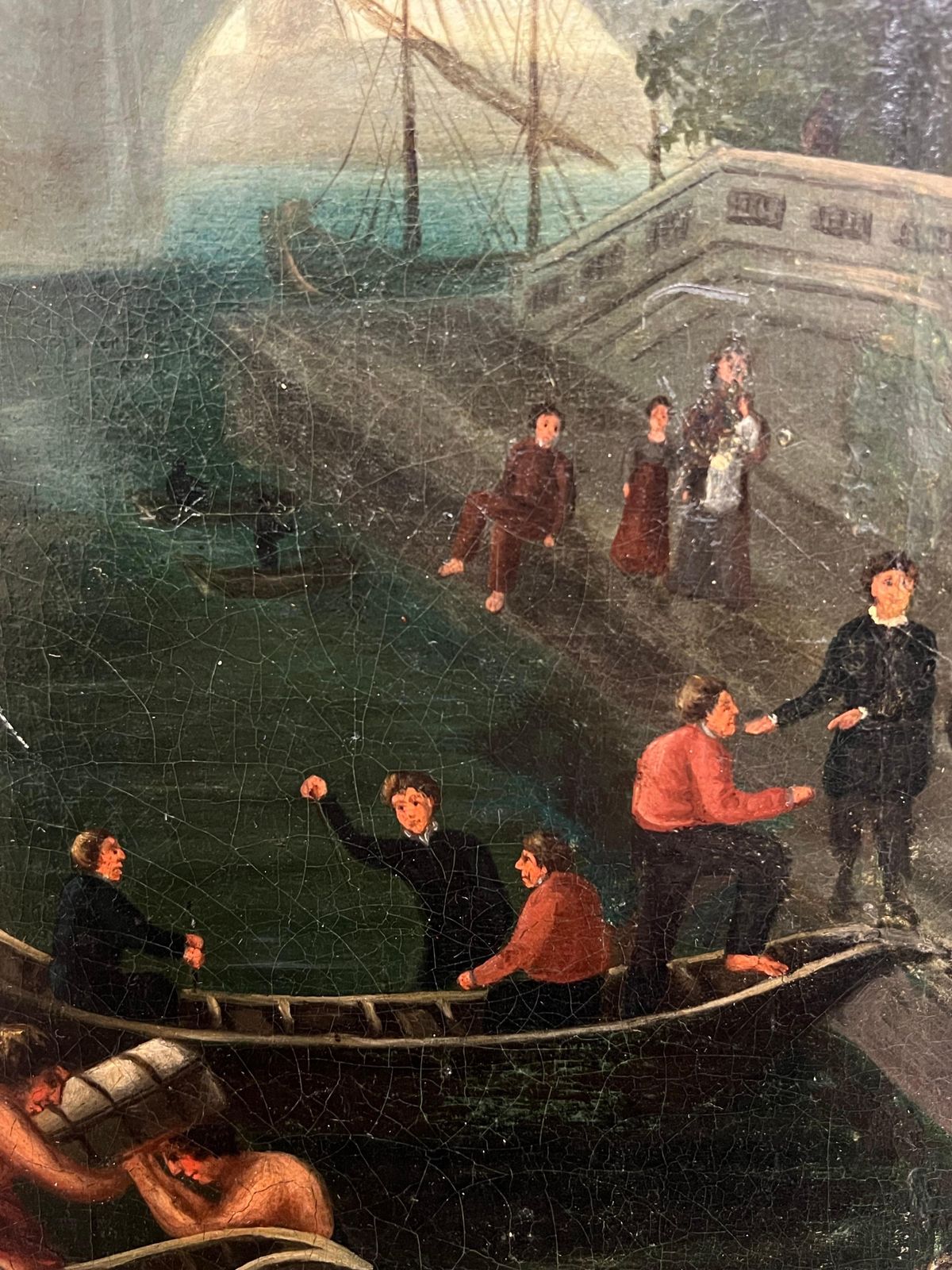 Art Fine Antique Classical Roman Landscape Figures Boats Merchant Port Ancient City1953 photo