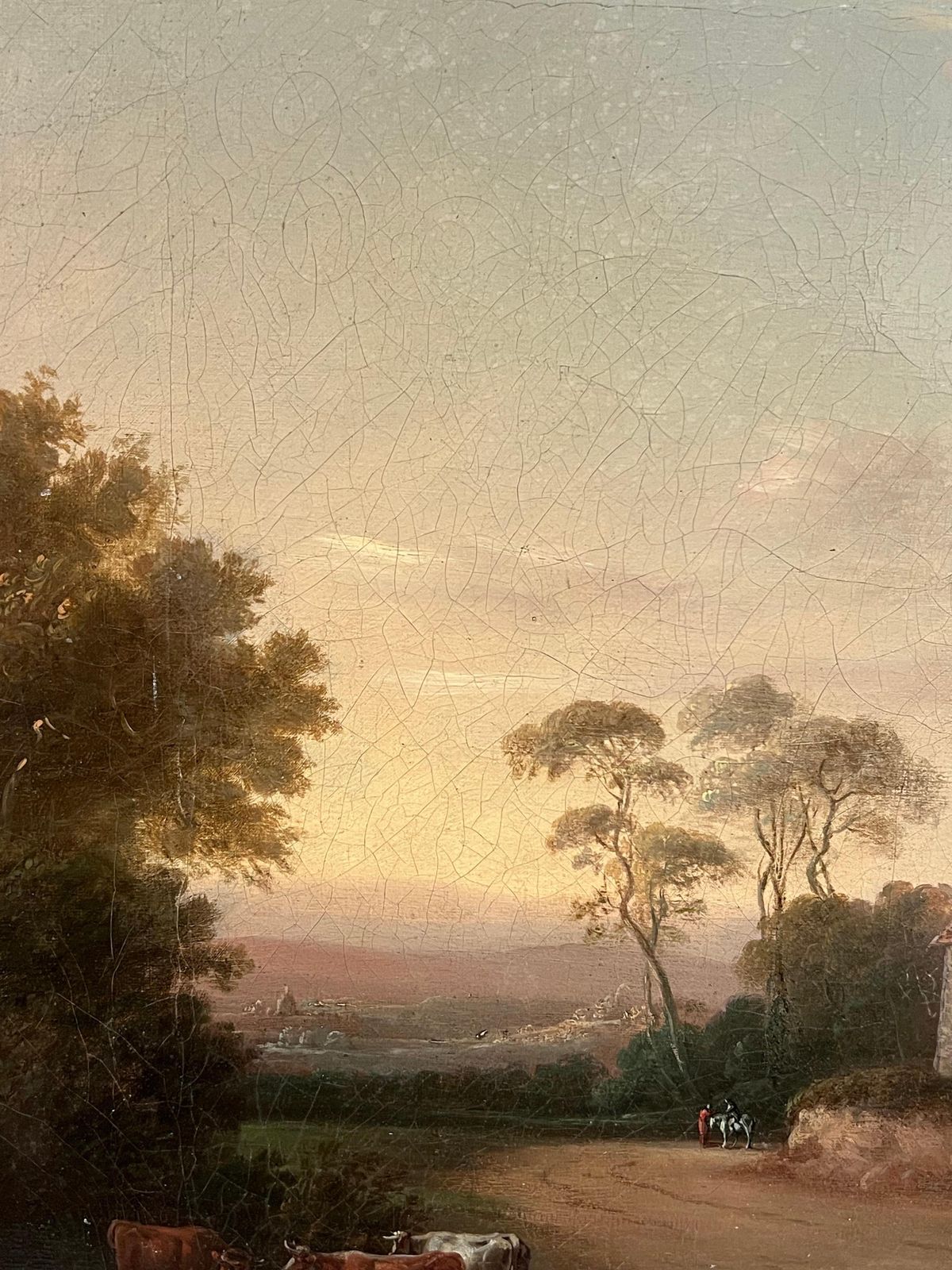 photo furniture English School 19th Centuryfine Early 1800's English Romantic Sunset Landscape Figures & Cattle Rural View1953
