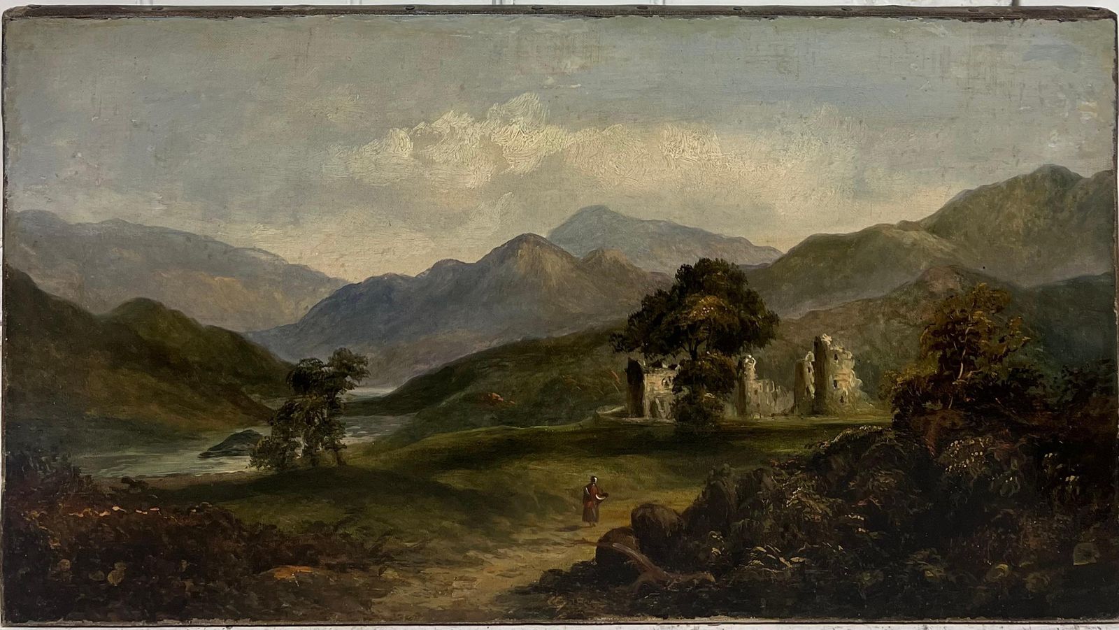 Antique Scottish Schoolancient Castle Ruins In Scottish Highlands Landscape 19th Century Oil Painting1953 photo furniture