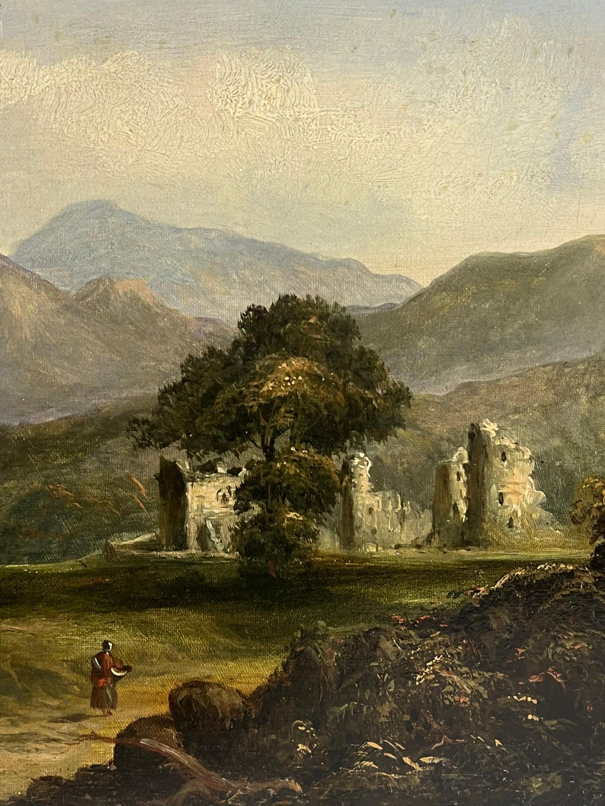 Antique Scottish Schoolancient Castle Ruins In Scottish Highlands Landscape 19th Century Oil Painting1953 photo for sale