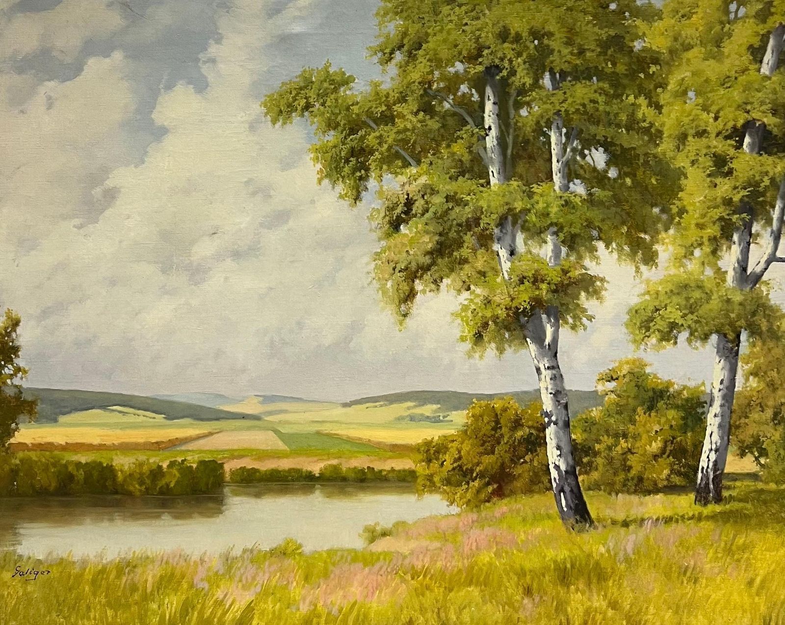 Continental Mid 20th Centurylarge Mid 20th Century European Signed Oil Painting Golden Green Meadows1953 photo furniture