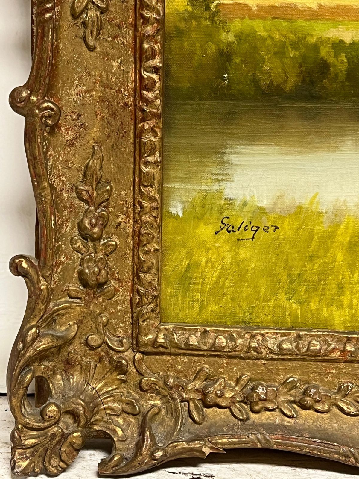 Continental Mid 20th Centurylarge Mid 20th Century European Signed Oil Painting Golden Green Meadows1953 photo vintage
