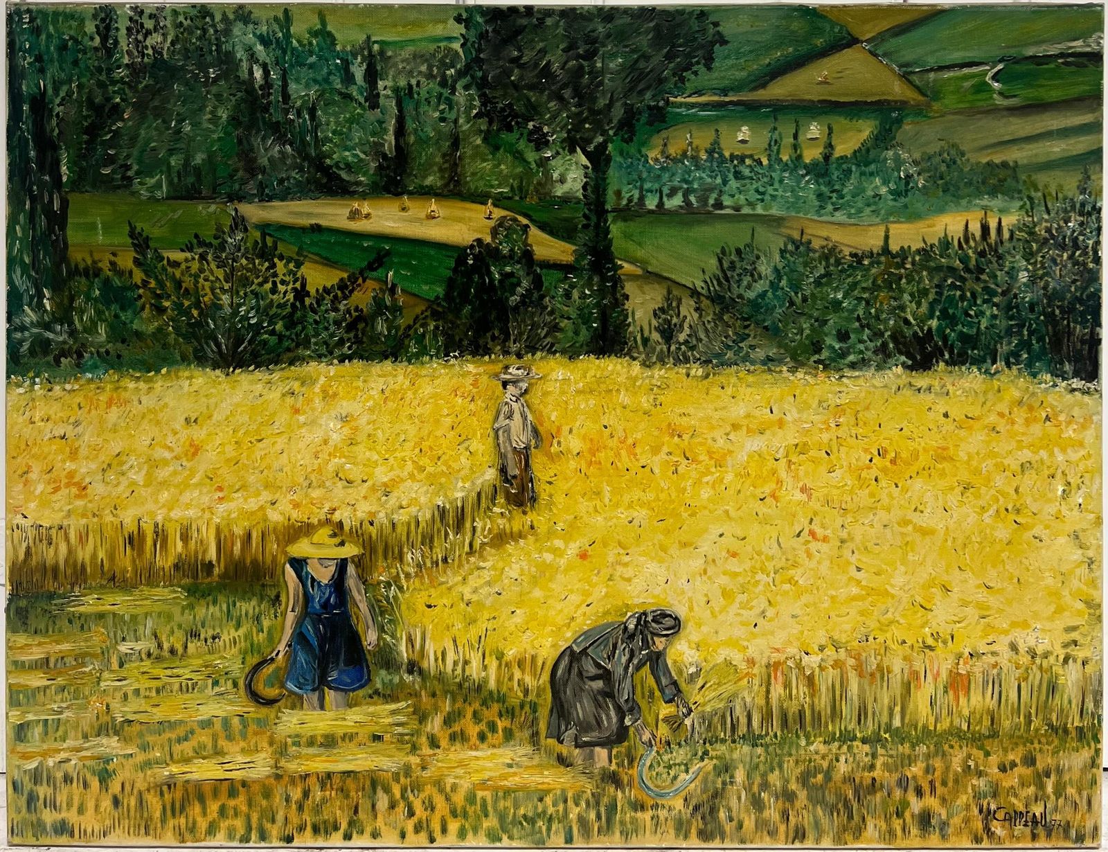 French Post Impressionistlarge 1970's French Post Impressionist Signed Oil Figures In Wheat Field Harvest1977 photo furniture