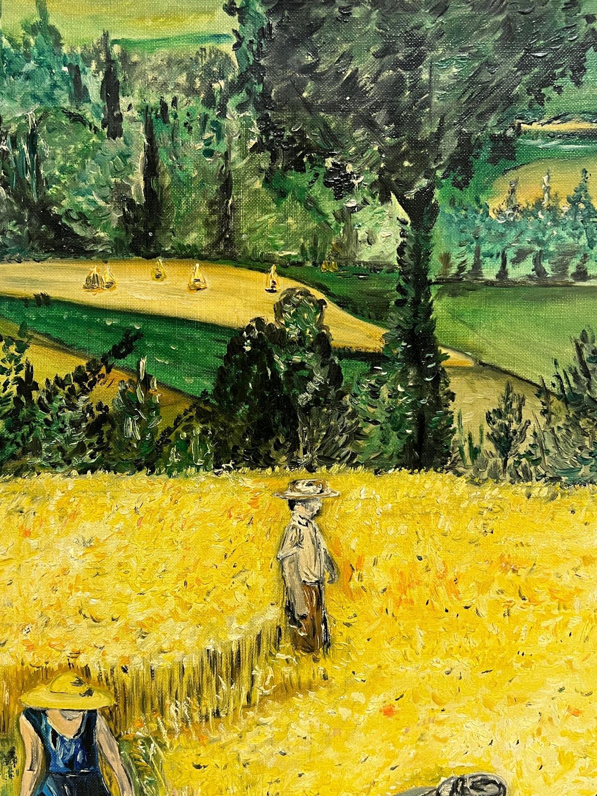 French Post Impressionistlarge 1970's French Post Impressionist Signed Oil Figures In Wheat Field Harvest1977 photo Art