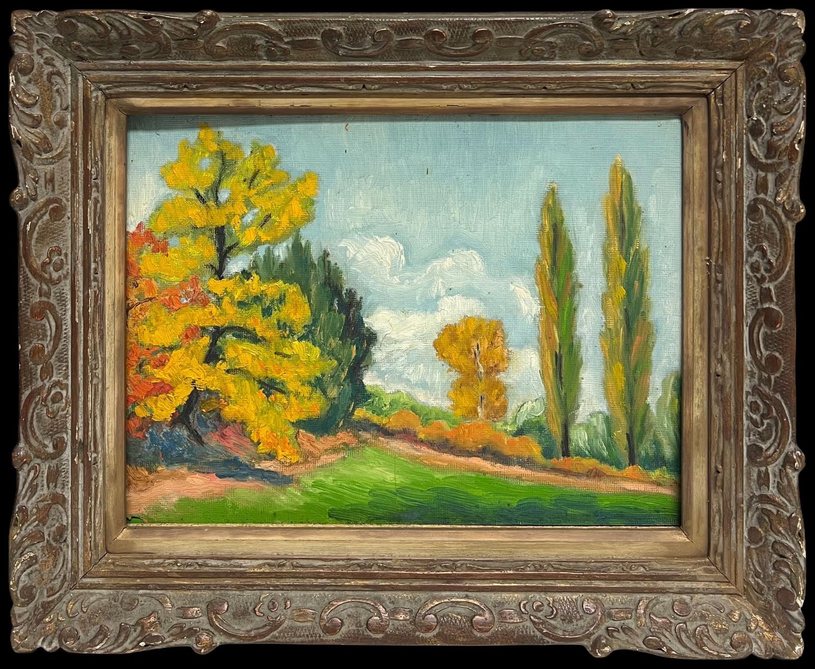 Pierre Piot (1921 1998)fine Mid 20th Century French Post Impressionist Oil Autumn Tall Trees Golden