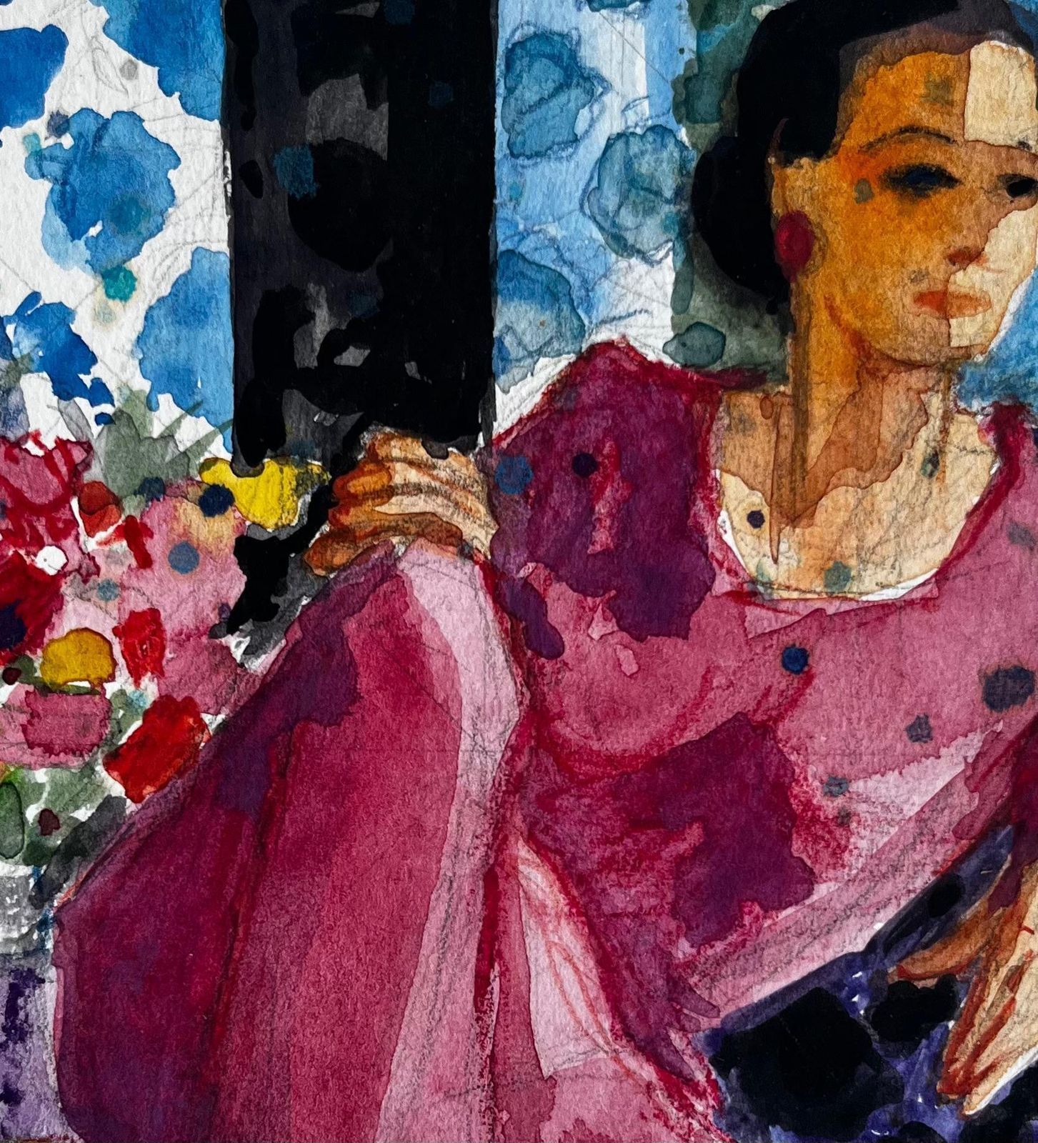 Pierre Neveuwoman In Pink Dress With Flowers And Citrus Still Life French Watercolor photo buy