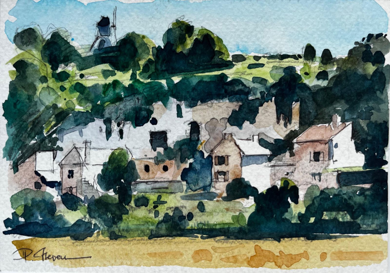 Pierre Neveufrench Hillside Village With Trees And Church Tower Modernist Watercolor