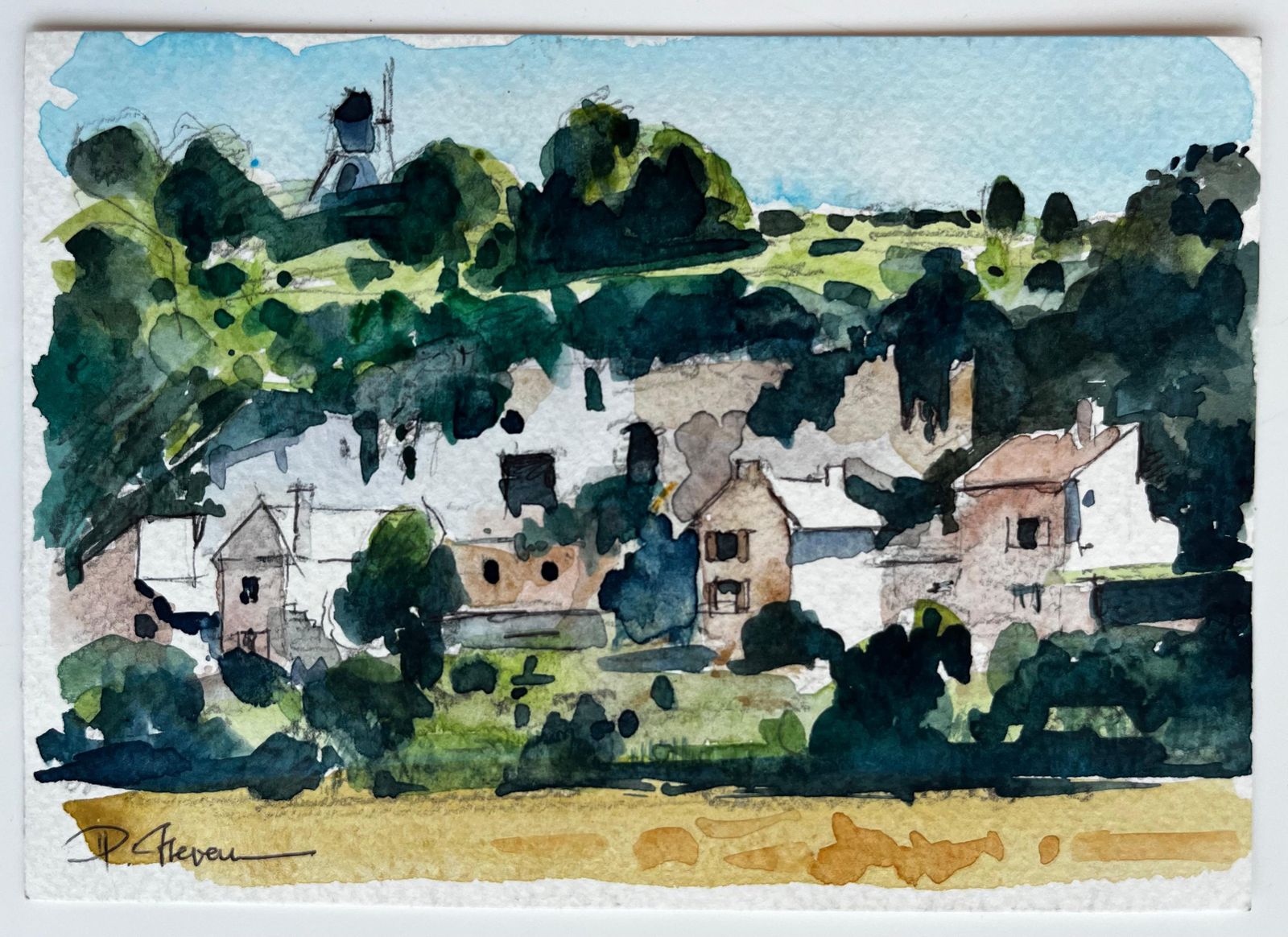 Pierre Neveufrench Hillside Village With Trees And Church Tower Modernist Watercolor photo furniture