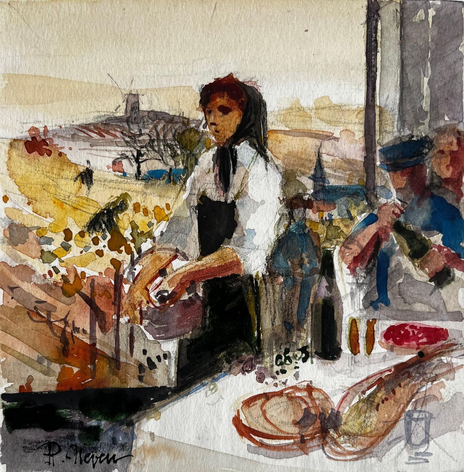 Pierre Neveuvillage Market Woman Preparing Produce French Rural Modernist Watercolor