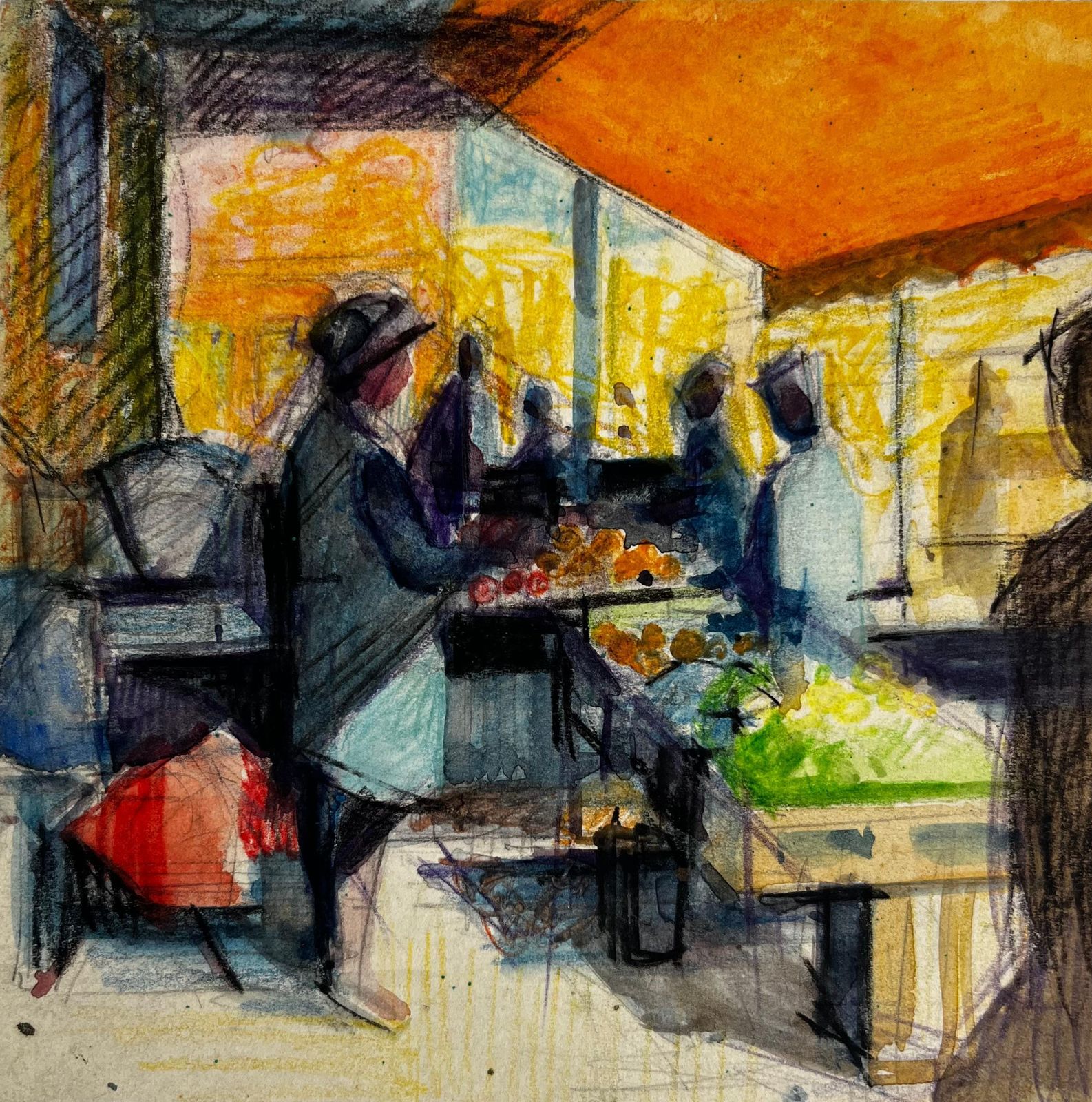 Pierre Neveufrench Market Stall Scene With Figures Vibrant Modernist Watercolor