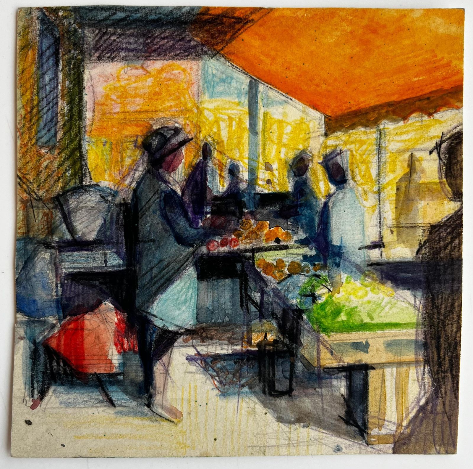 Pierre Neveufrench Market Stall Scene With Figures Vibrant Modernist Watercolor photo furniture