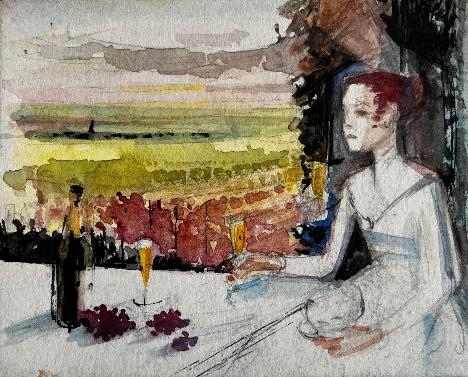 Pierre Neveuwoman With Wine At Sunset French Modernist Watercolor Figure And Landscape