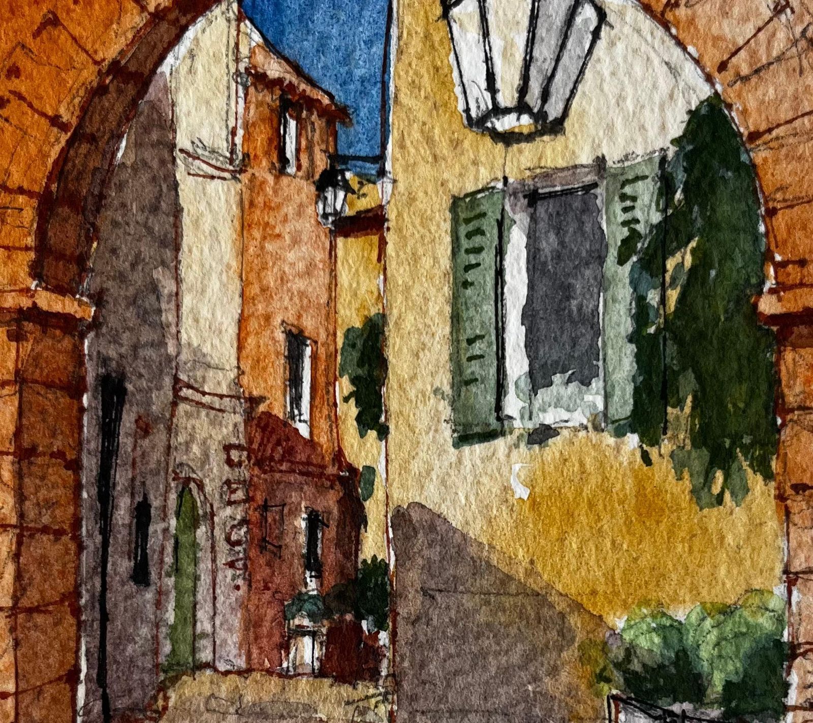 Pierre Neveumediterranean Village Archway Sunlit Street Castellar Watercolor photo buy