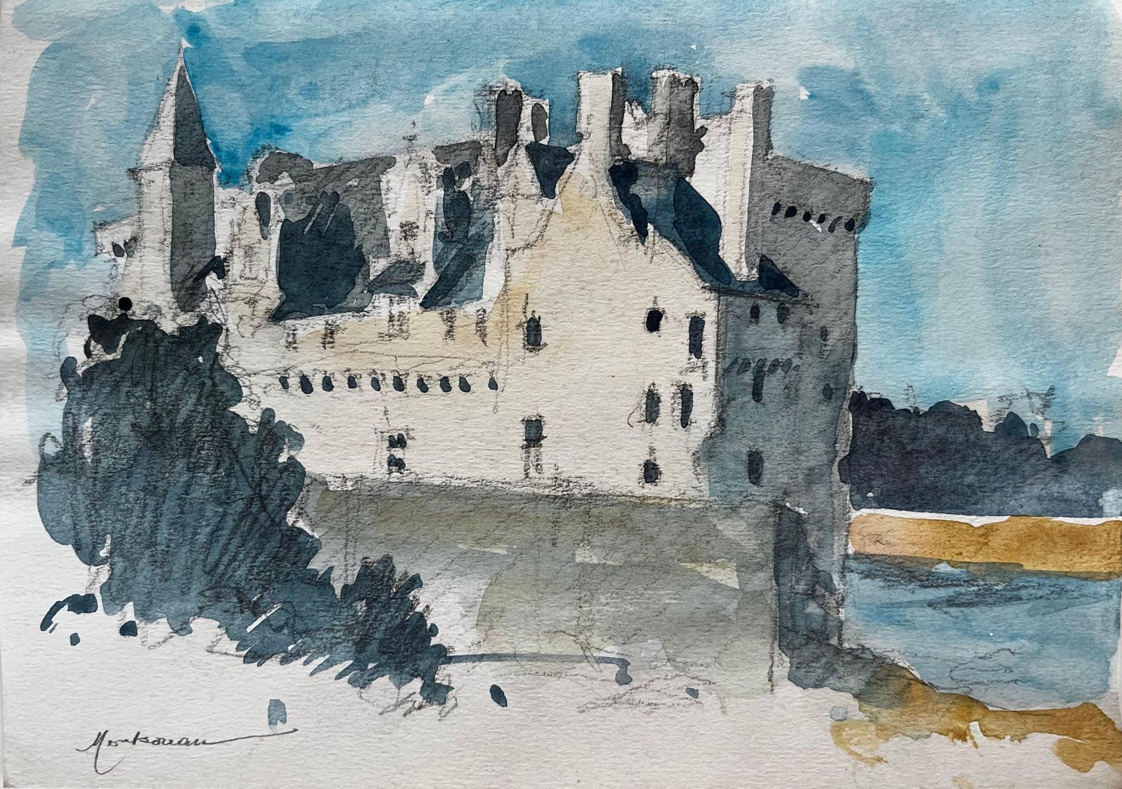Pierre Neveuchateau De Montsoreau Loire Valley French Castle Watercolor Landscape Artwork photo furniture