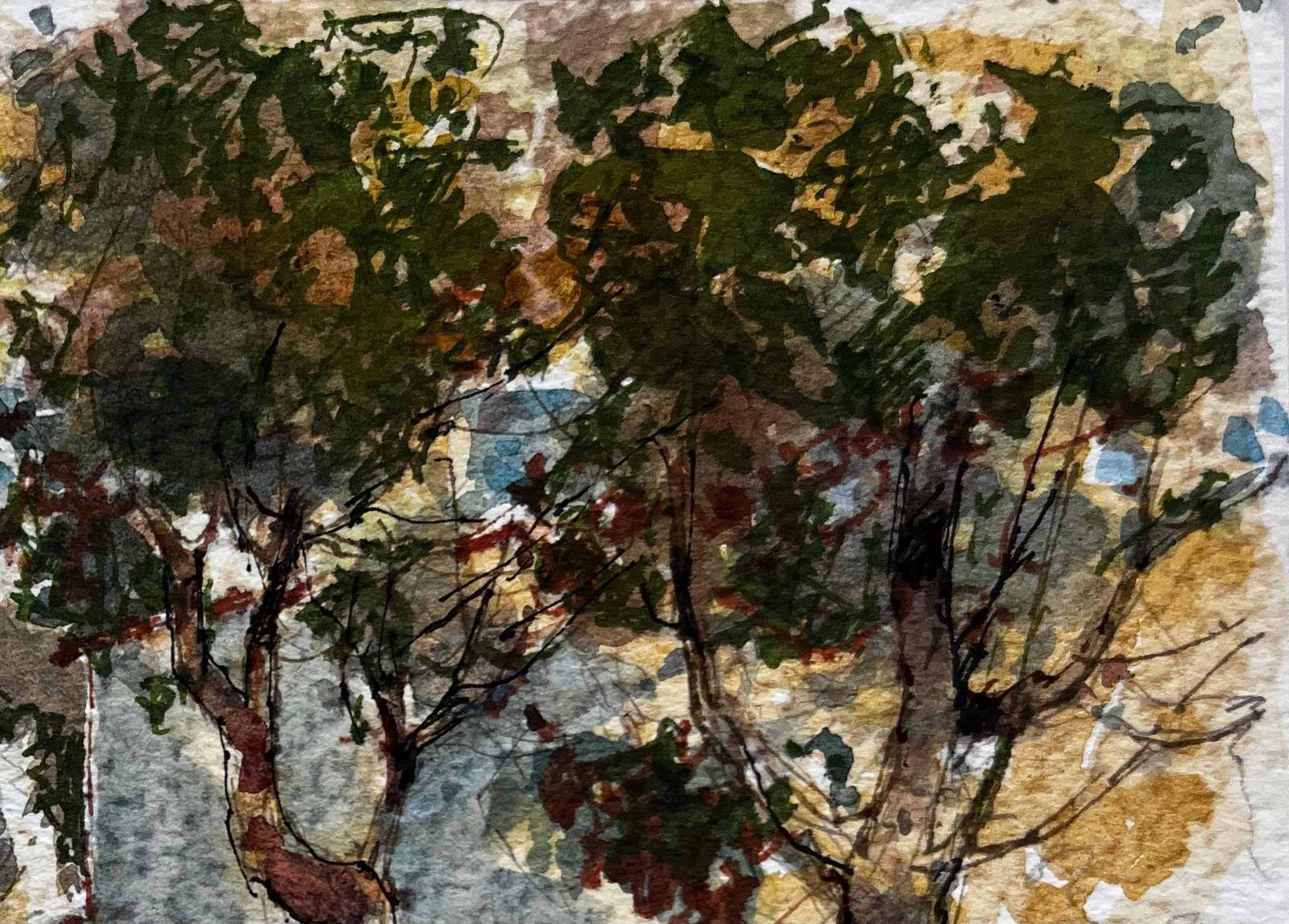 Pierre Neveumenton Sunlit Street With Trees And Distant Hills Watercolor photo 535.0