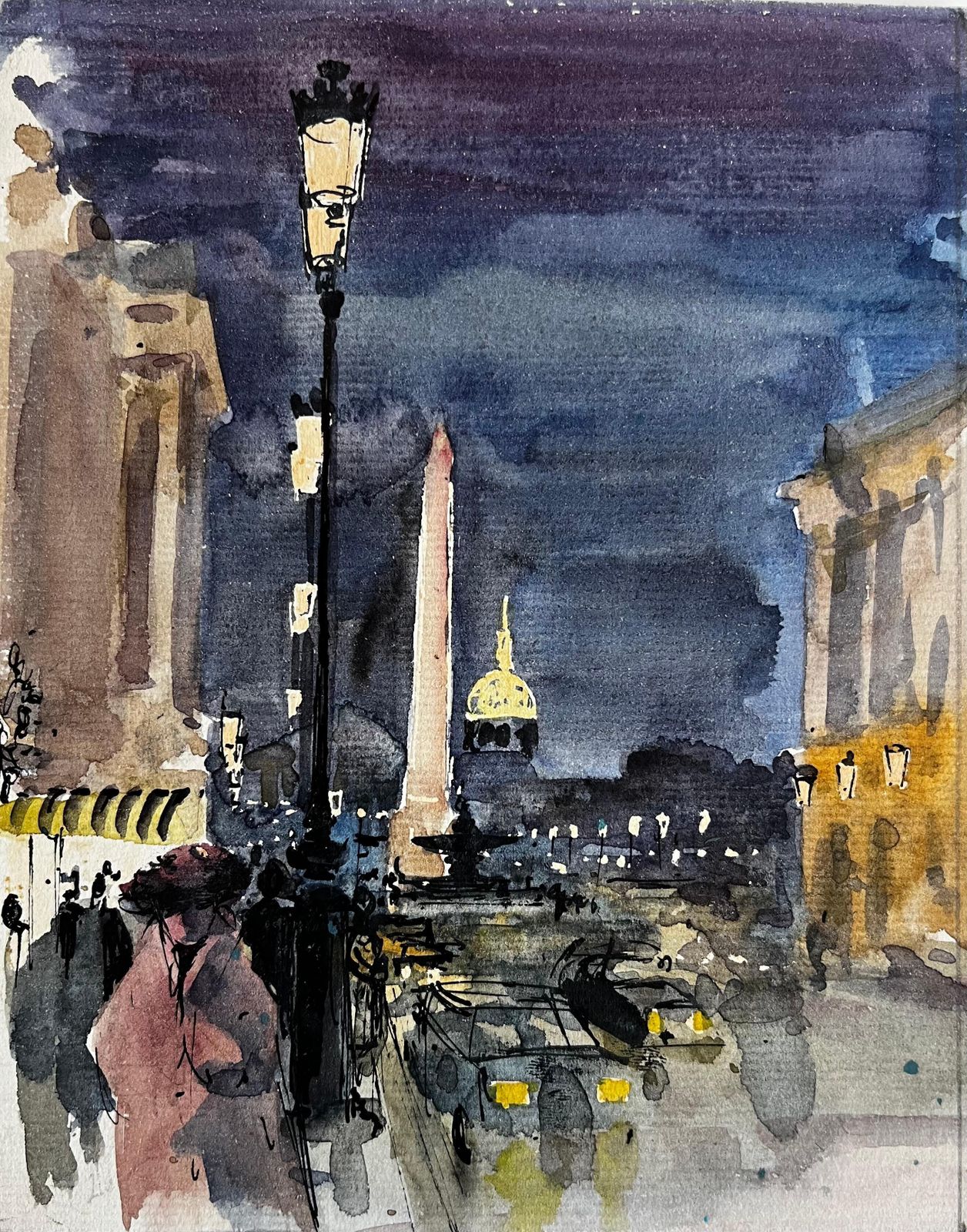 Pierre Neveuparis Place De La Concorde Night Street Scene With Obelisk And Dome Watercolor