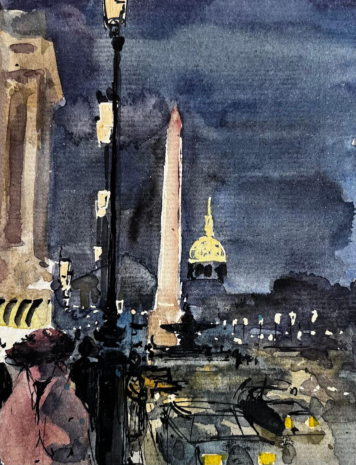 Pierre Neveuparis Place De La Concorde Night Street Scene With Obelisk And Dome Watercolor photo buy