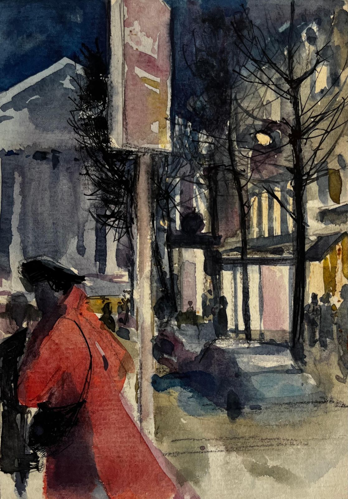 Pierre Neveuparis Street Scene At Night With Figures And Red Coat Urban Watercolor