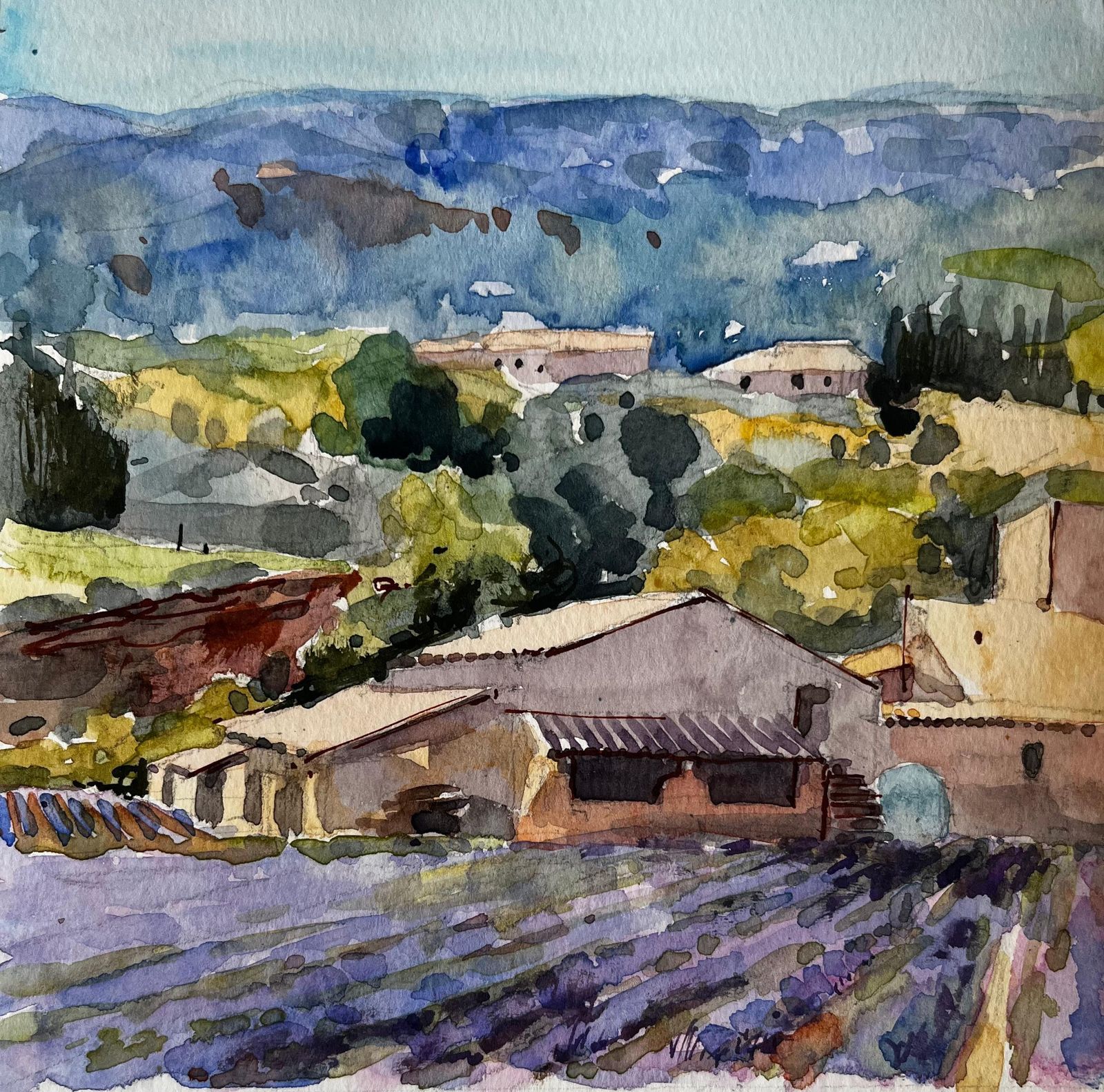 Pierre Neveuprovence Lavender Fields With Farmhouse And Distant Hills French Landscape