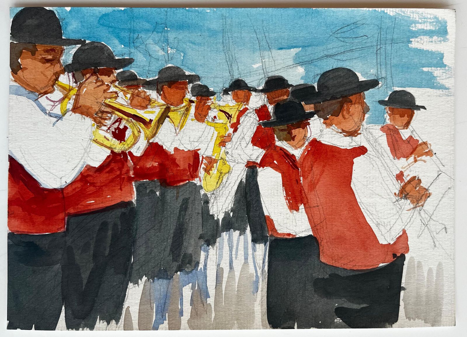 Pierre Neveufrench Village Brass Band Musicians In Red Waistcoats Outdoor Parade Watercolor photo furniture